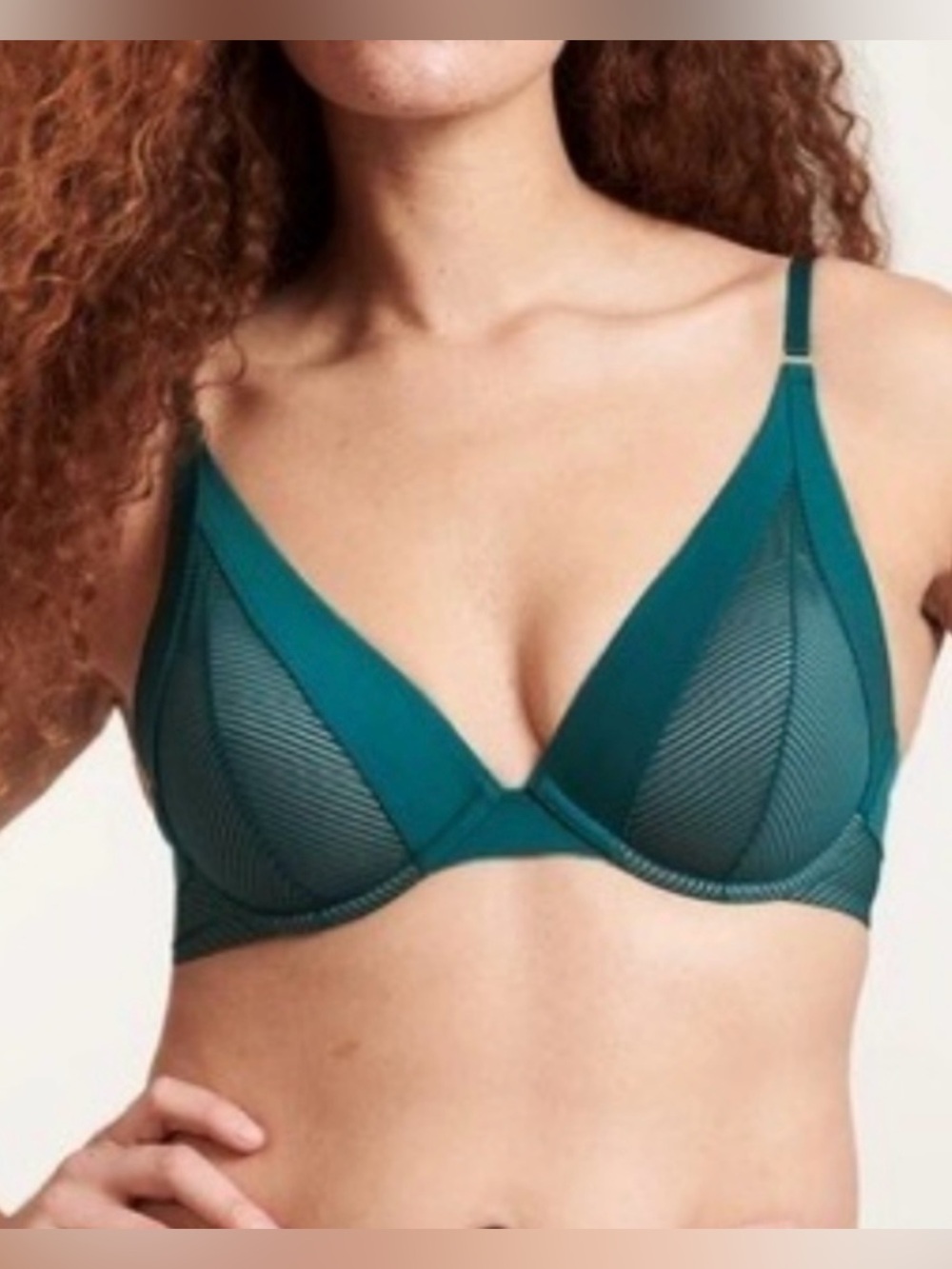 ThirdLove Shadow Stripe Plunge Bra 36D Teal Mesh Underwire Support Full Coverage